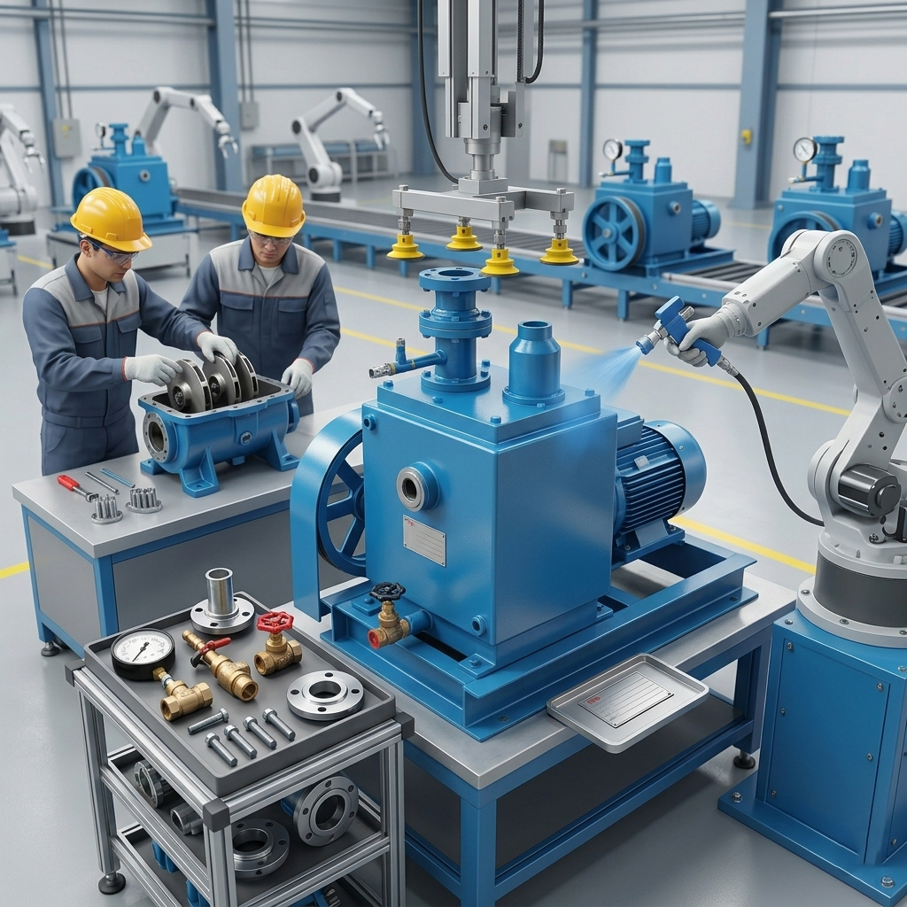 Industrial rotary high vacuum pump system in manufacturing plant